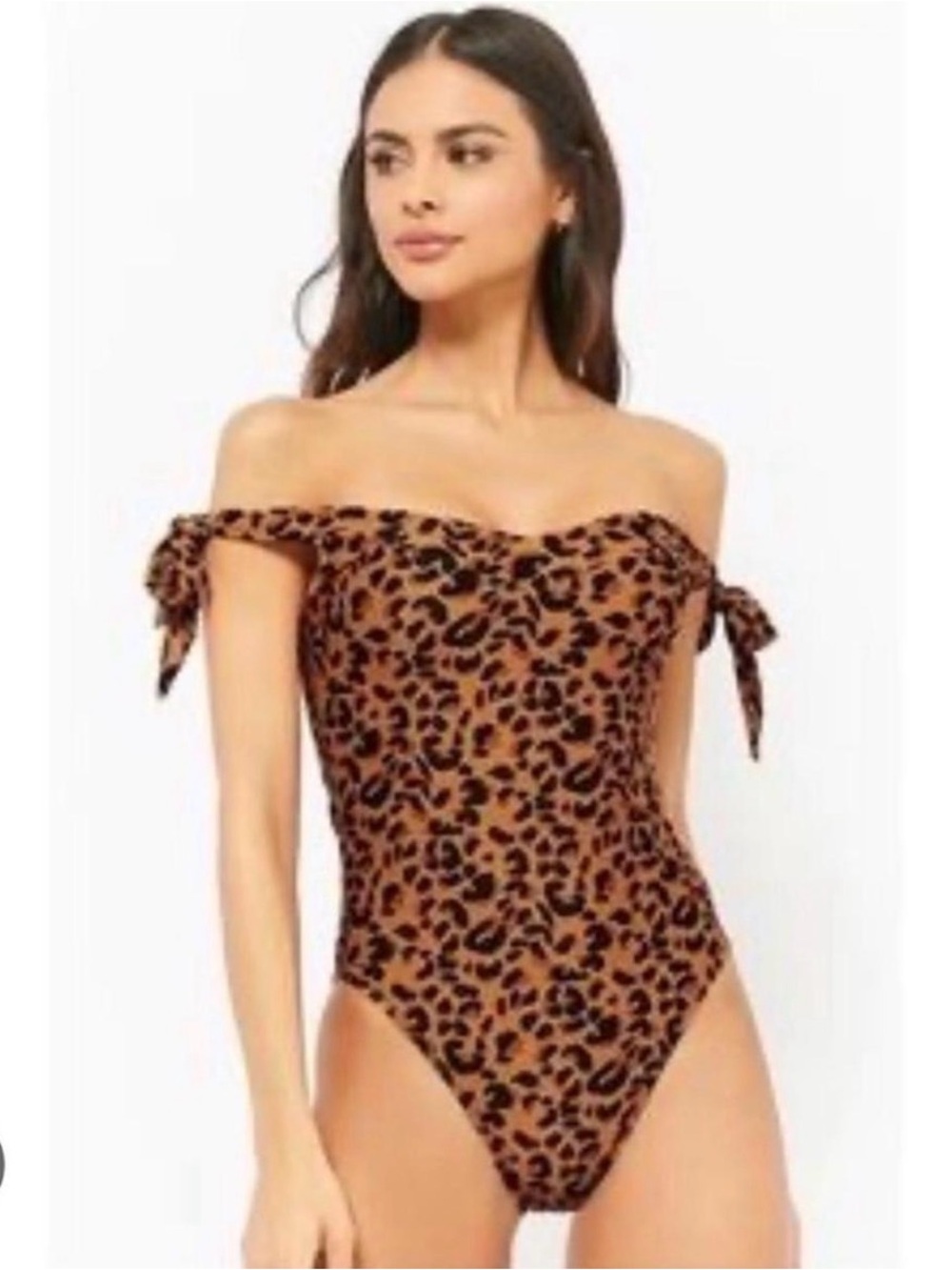 Motel Rocks Leopard Off-Shoulder One-Piece Swimsuit - Brown & Black
